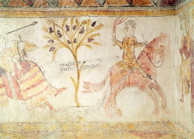 Een ridder met een brandende fakkel die het lichaam van Koning Manfred (c.1232-66) van Sicilië sleept, 28 februari 1266 door French School